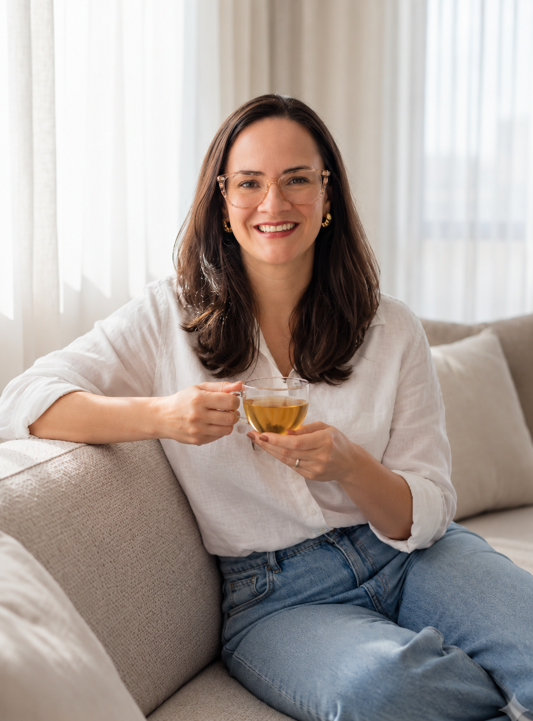 Cecília Müller sentada no sofá, segurando uma xícara de chá